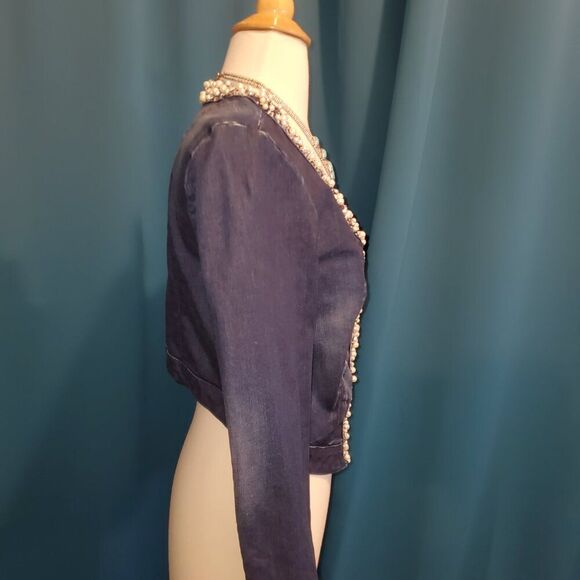 Bebe Embellished Cropped Denim Jacket | Pearl & Jewel Details | Fitted | M - Picture 4 of 10